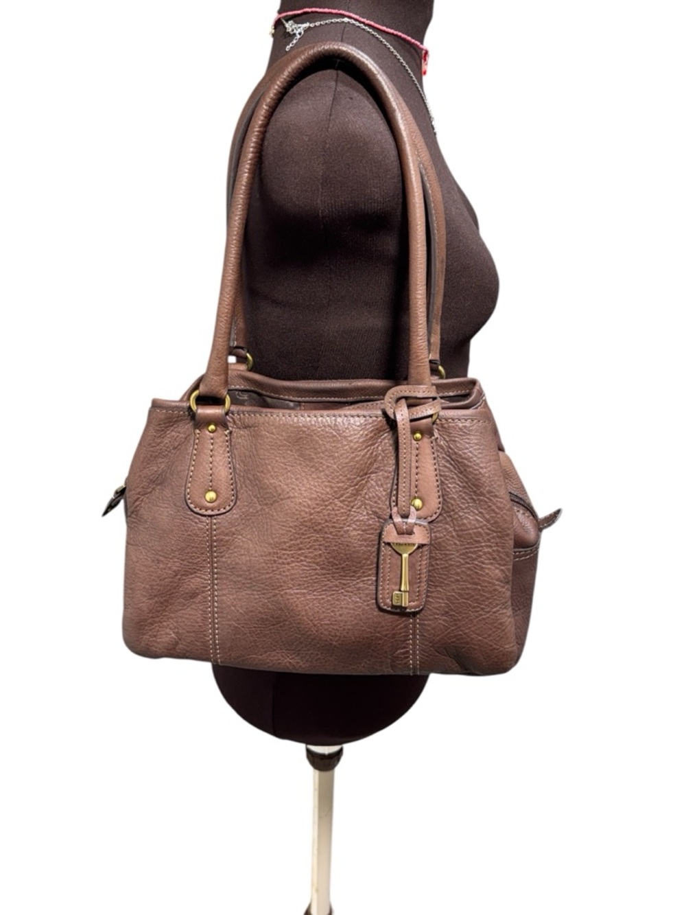Fossil Brown 100% Soft Leather Womens Shoulder Bag Key Charm Classic